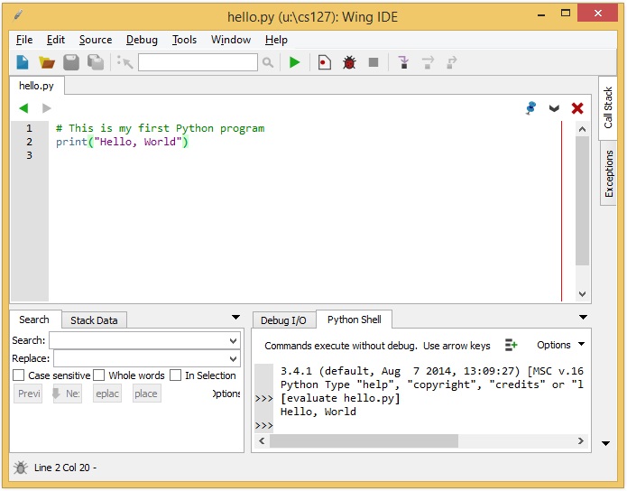 (Screenshot of Hello World program in Wing 101)